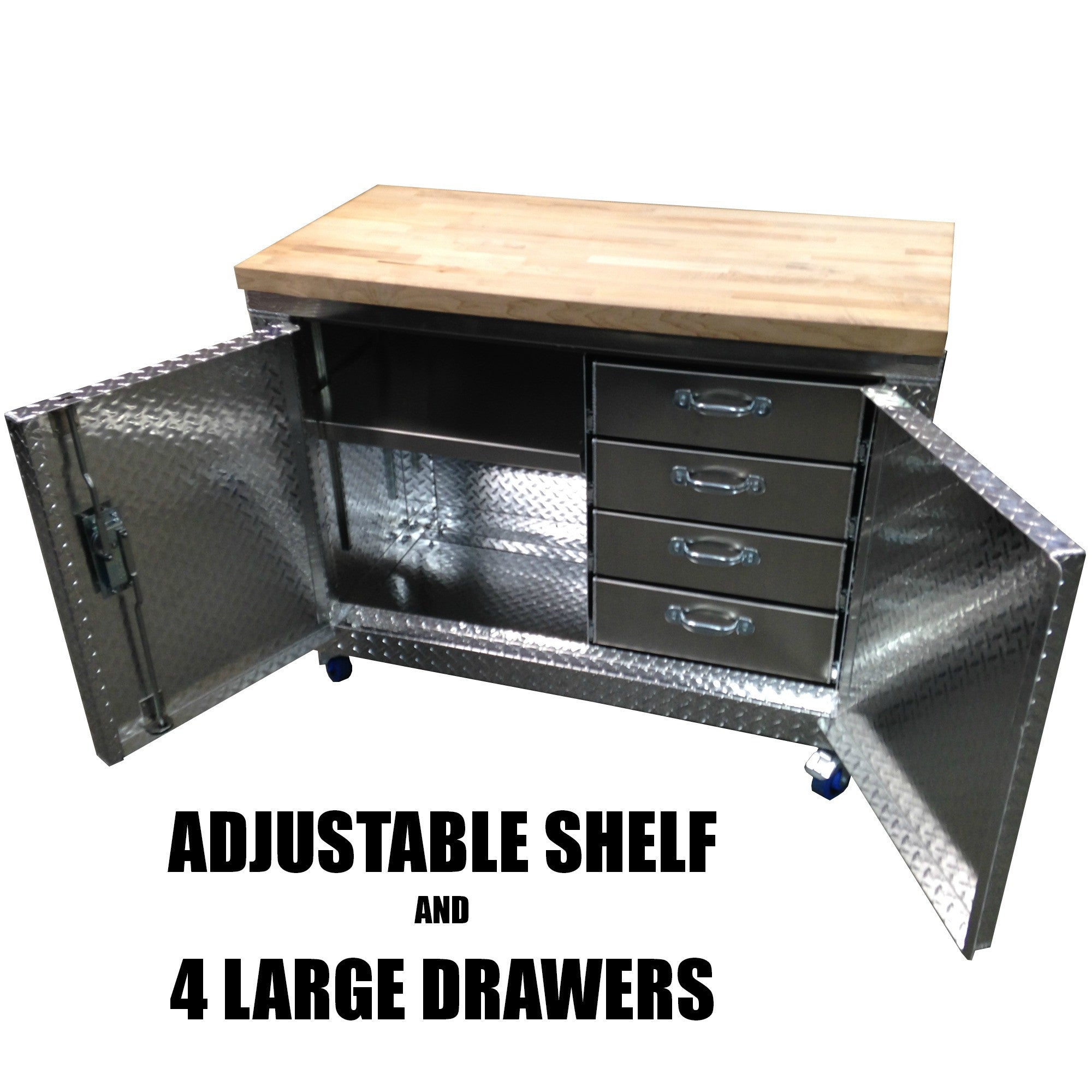 Rolling Garage Workbench - Storage Cabinet - 4 Ft - Diamond Plate Aluminum