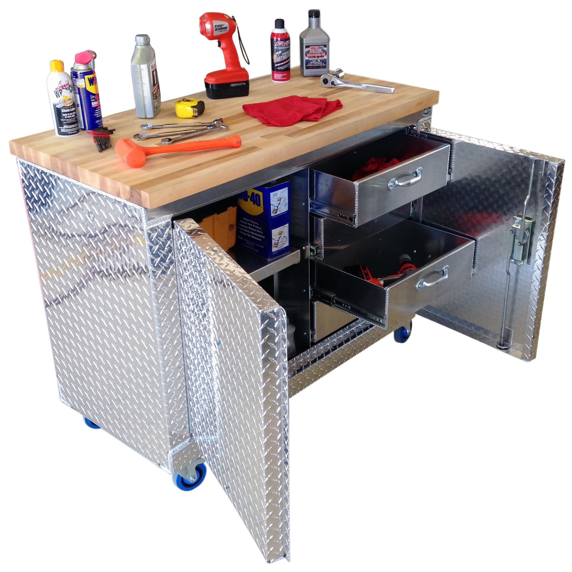 Rolling Garage Workbench - Storage Cabinet - 4 Ft - Diamond Plate Aluminum
